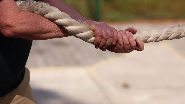 rope in male hands close-up. man holding thick rope in hands, close-up. tug-of-war competition, horizontal orientation video