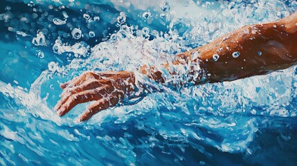 A swimmer arms cutting through the water in a lap pool, with bubbles and waves trailing behind, highlighting movement