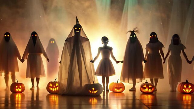 Happy Halloween night costume party scary animation video. Halloween pumpkin decoration spooky and dark light background