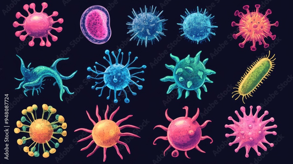 Poster collection of virus and bacteria cells floating on black background
