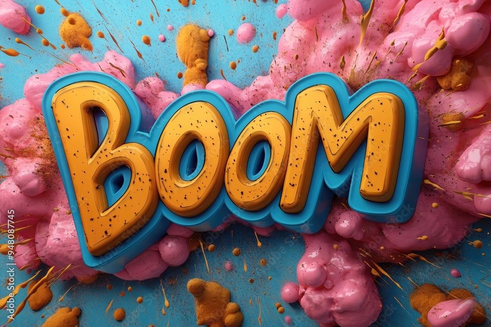 Poster Boom text surrounded by colorful splashes on blue background