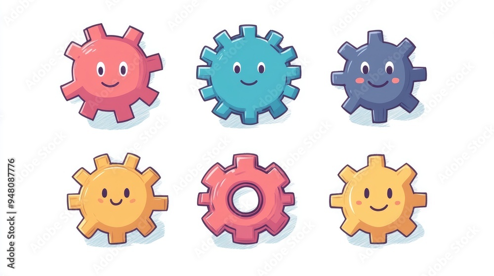 Poster cute smiling cartoon gears and cogs having fun working together