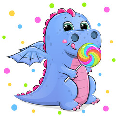 Cute cartoon dragon with big candy. Vector illustration of an animal on a white background with colorful dots.