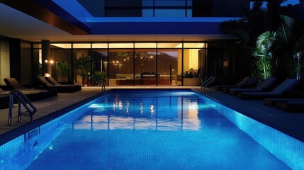 Obraz premium A swimming pool at night, illuminated by underwater lights, creating a peaceful and inviting atmosphere