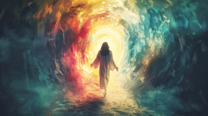 Fototapeta premium Watercolor style, Resurrection of Jesus Christ emerging from the tomb, Radiant light surrounding Him, Glorious and triumphant scene, Soft pastel colors and ethereal atmosphere