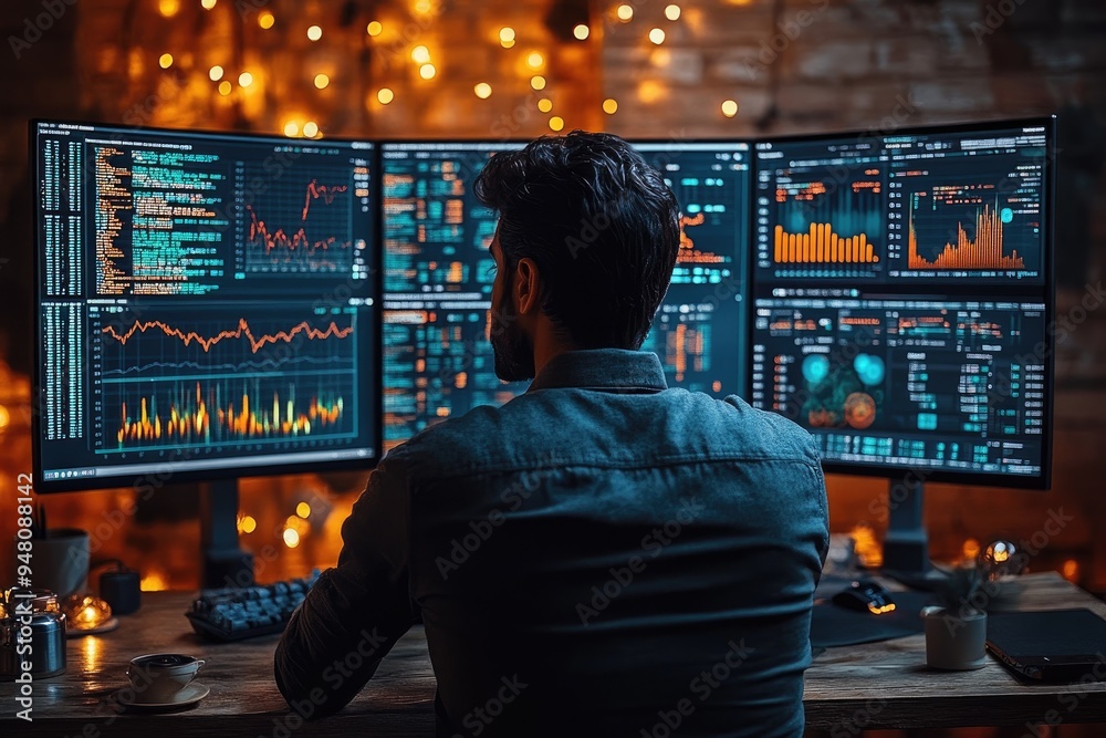 Poster Person working on three monitors with complex data charts in background.