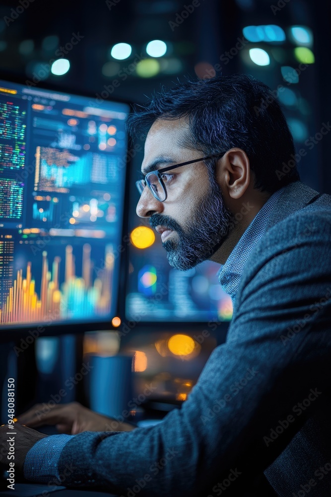 Poster Professional analyzing data on two monitors in a modern office environment.
