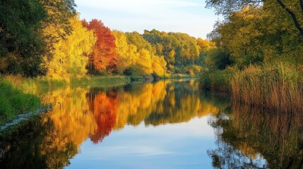 Fototapeta premium A tranquil riverbank with green summer foliage on one side and autumn colors reflecting in the water, depicting seasonal change