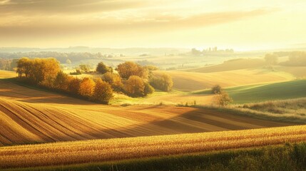 Fototapeta premium A wide landscape shot of fields transitioning from the harvest of summer to the golden hues of autumn