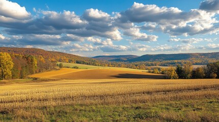 Obraz premium A wide landscape shot of fields transitioning from the harvest of summer to the golden hues of autumn