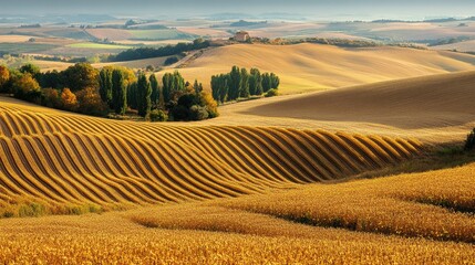 Fototapeta premium A wide landscape shot of fields transitioning from the harvest of summer to the golden hues of autumn