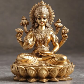 Golden lakshmi statue sitting on lotus flower posing with offerings