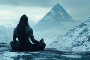 Lord shiva statue meditating with snowy mountain peak on background