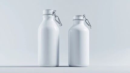 Two White Water Bottles with Silver Lids and Clips