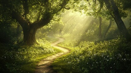 Obraz premium A winding path through a lush green forest, with sunlight streaming through the trees, inviting exploration