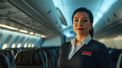 Latina Airline Stewardess Assisting Passengers in Airplane Aisle