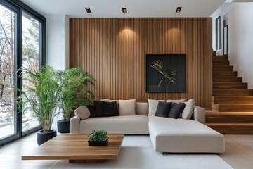 Modern living room with wooden wall featuring large l-shaped sofa