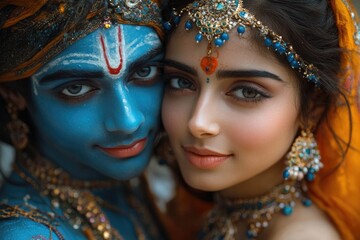 Obraz premium Couple posing as hindu deities radha krishna showing indian culture