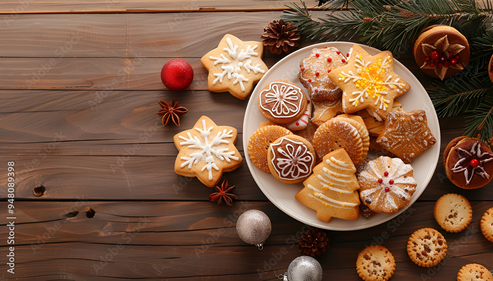 Poster plate with tasty christmas cookies on wooden table