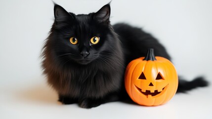 Black Cat Posing with Halloween Jack-o'-Lantern