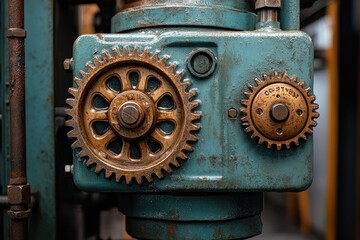 Close-up of industrial gears with rust on green machinery background