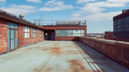 Obraz premium An empty rooftop with industrial elements, exposed brick, and metal railings, offering a rugged urban aesthetic