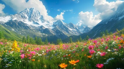 Peaceful Meadow in Spring Blooming Flowers and a Gentle Stream Create a Tranquil Scene