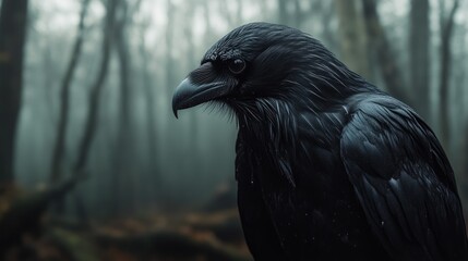 Fototapeta premium Mysterious Black Raven in Forest