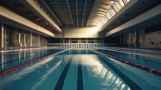 An Olympic-sized swimming pool, empty and still, with lanes marked by floating ropes and starting blocks in view