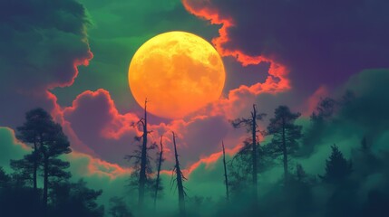 Haunted Trees Silhouetted by Full Moon