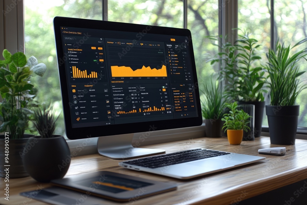 Aufkleber Modern workspace setup showing financial data on a desktop computer screen