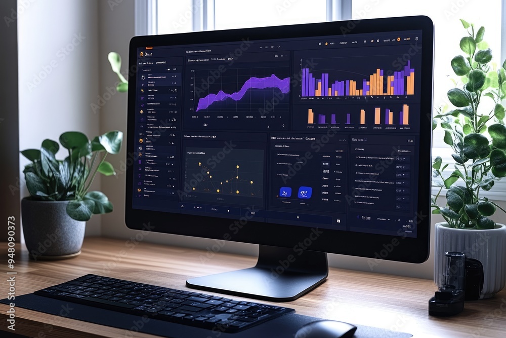 Poster computer monitor showing statistical charts on wooden desk with plants