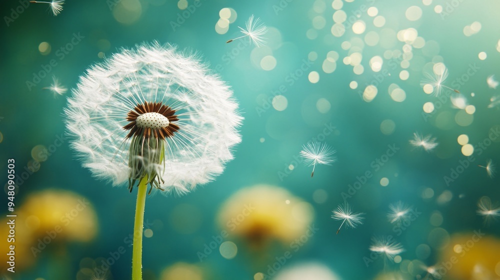Poster a dandelion is blowing in the wind, with its seeds scattered in the air
