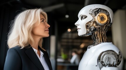 AI Robot Assisting Businesswoman in Office