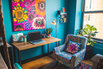 A vibrant remote working space in a small apartment with a compact desk, vibrant wall art, a comfy chair, a laptop, and a window letting in natural light, perfect for productive workdays at home