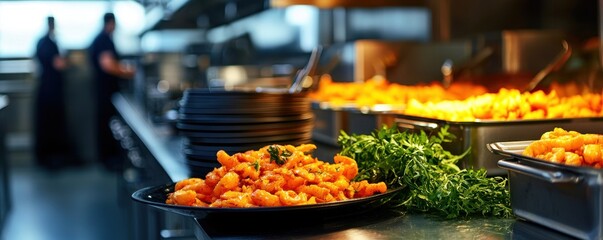 Obraz premium A vibrant kitchen scene showcasing delicious food, chefs at work, and fresh ingredients ready for preparation and service.