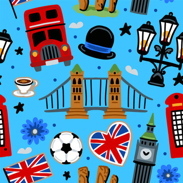 Bright cheerful children seamless vector pattern with symbols of the Great Britain. London. Union Jack, Big Ben, tea, Red telephone booth. United Kingdom landmarks. Childish travel background