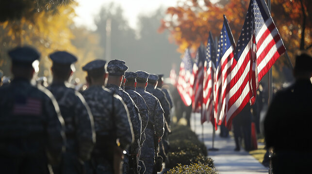 Military personnel, silhouette and formation with American flags for Veterans Day parade, patriotic ceremony or memorial service