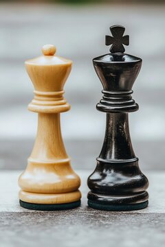 Close-up of a white queen and black king chess pieces standing on a chessboard, symbolizing strategy and competition in the game of chess.