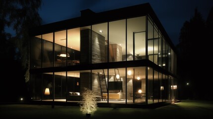 Fototapeta premium A luxurious house made entirely of glass, beautifully lit at night with reflections of the surrounding environment, creating a serene and modern architectural masterpiece in a tranquil setting.