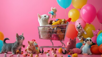 Obraz premium Online shopping cart filled with pet supplies, toys, and food, surrounded by playful animals, pet lovers' paradise
