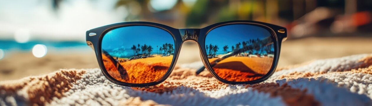 Sunglasses with polarized lenses resting on a beach towel