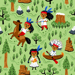 Bright cheerful children seamless vector pattern with American native indians. Childish background. Cheerful characters with animals and plants. Sequoia, eagle, horse