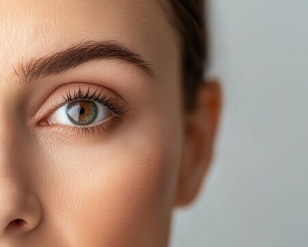 Close-up of a woman's eye and eyebrow, showcasing natural beauty, clear skin, and minimal makeup on a light background.