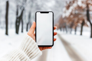 A woman's hand holding a smartphone with a blank screen against a wintry background of a snowy park. Horizontal with copy space.