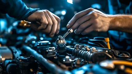 Mechanic Repairing Car Engine with Automotive Tools in Workshop