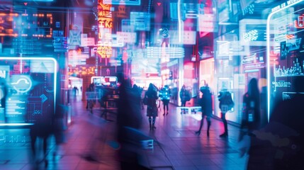 Futuristic Urban Rush: Neon Lights and Digitalized Crowd Motion