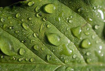 Macro image of water droplets on  green leaves, close-up of rainy season drops rainwater on the grass