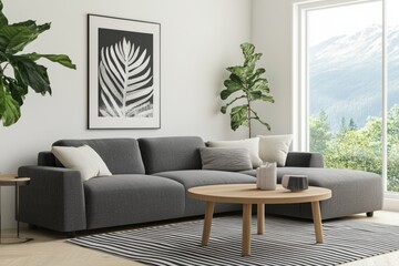 Living room interior decorated with black and white textiles, wooden furniture, and natural light