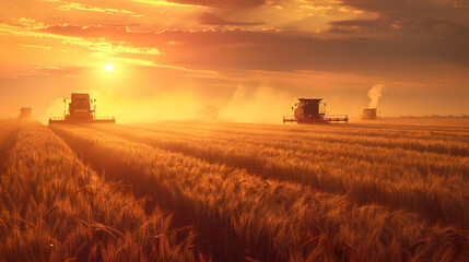 Fototapeta premium Group of harvesters harvesting ripe wheat field in autumn with sunset. Concept of agriculture, agronomy and crop collection.